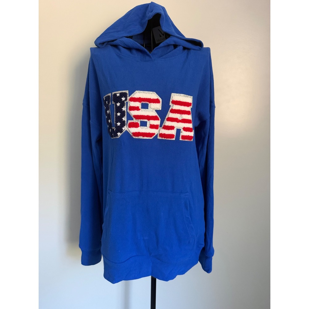 Michelle Mae USA Chenille Patch Ribbed Hoodie Royal Blue XS NWT